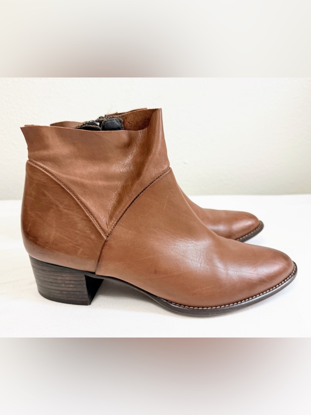 Paul Green Leather Ankle Boots Cognac Brown Block Heel Booties 6